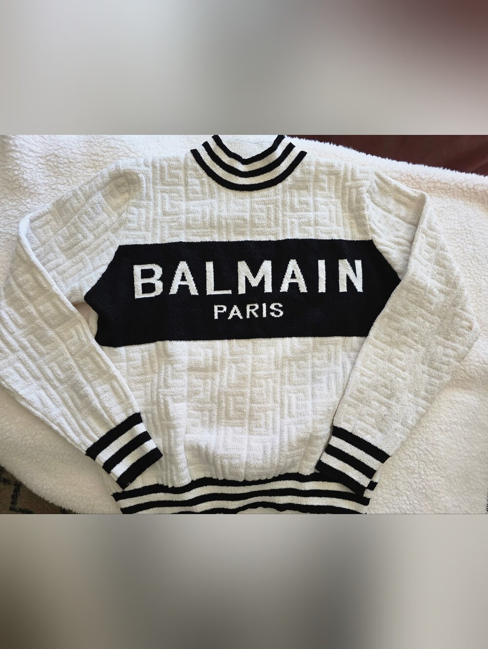 Balmain Paris 100% Cotton White Sweater with Black Logo Band